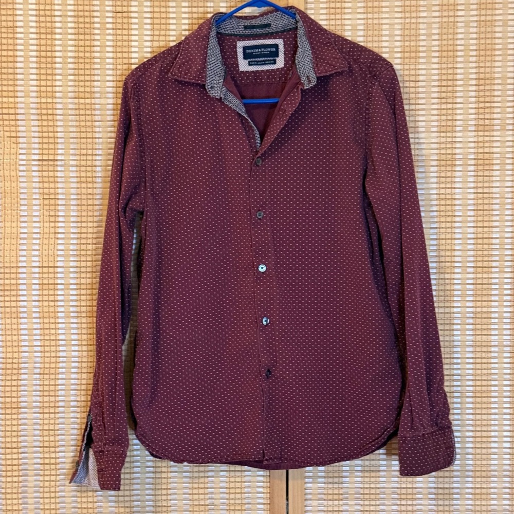 Denim & Flower Ricky Singh Mens Medium Burgundy Polka Dot Button Down Shirt